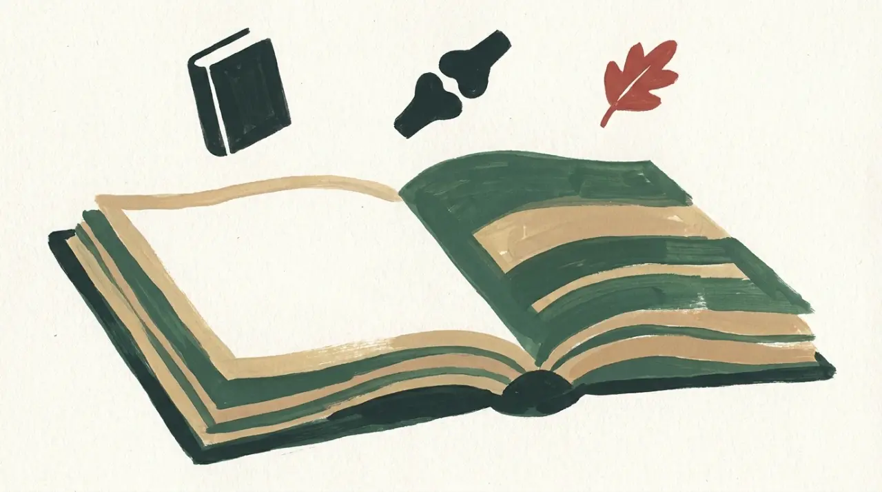 Розгорнута книга-довідник із силуетами хребта, суглоба й листка над сторінками